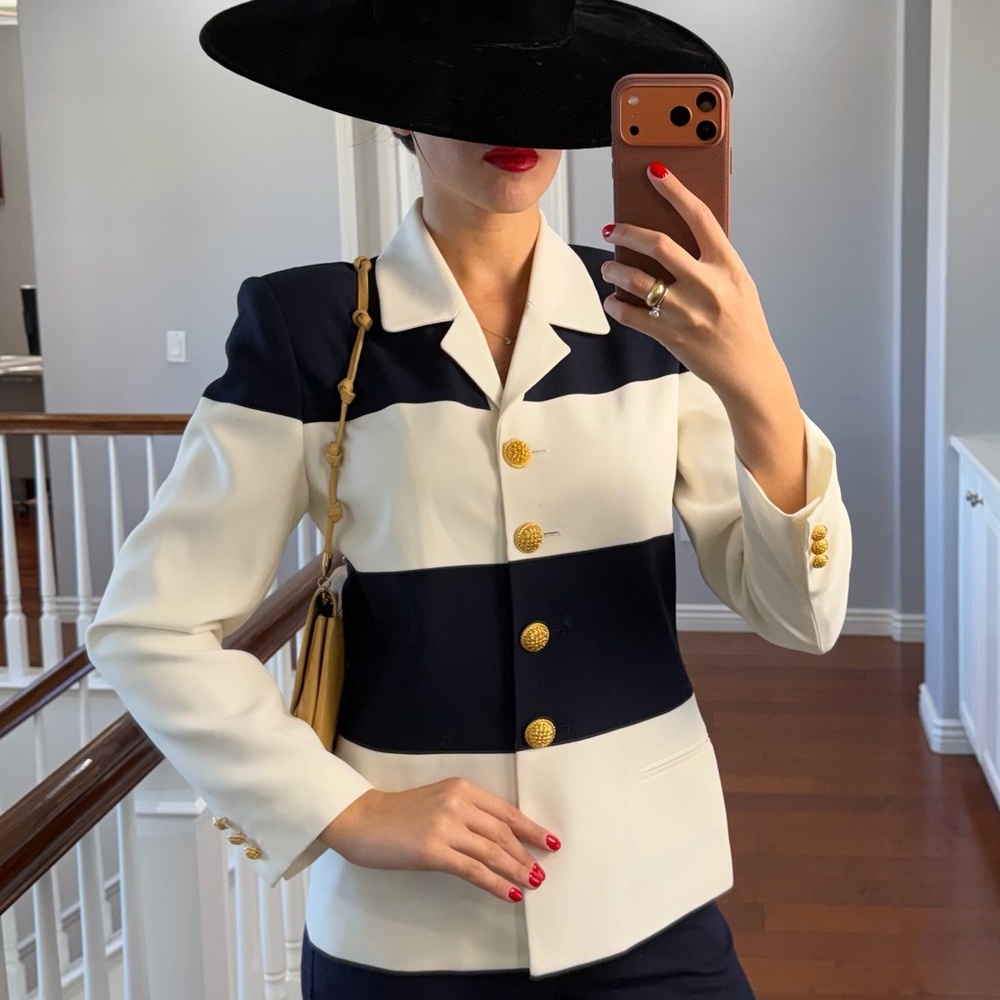 Casual Corner Dark Blue and White Blazer With Gold Details